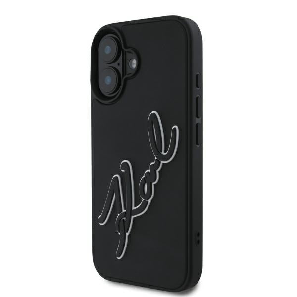 Capa para Apple iPhone 16, Karl Lagerfeld, Assinatura de Borracha 3D, Preta.