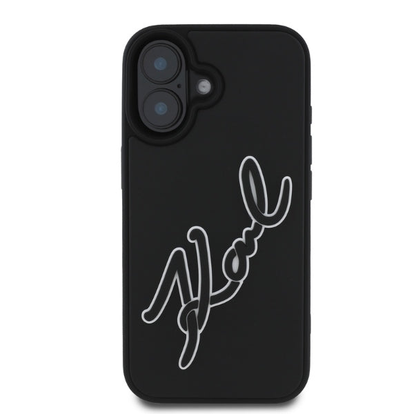 Capa para Apple iPhone 16, Karl Lagerfeld, Assinatura de Borracha 3D, Preta.