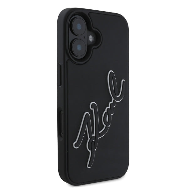 Capa para Apple iPhone 16, Karl Lagerfeld, Assinatura de Borracha 3D, Preta.