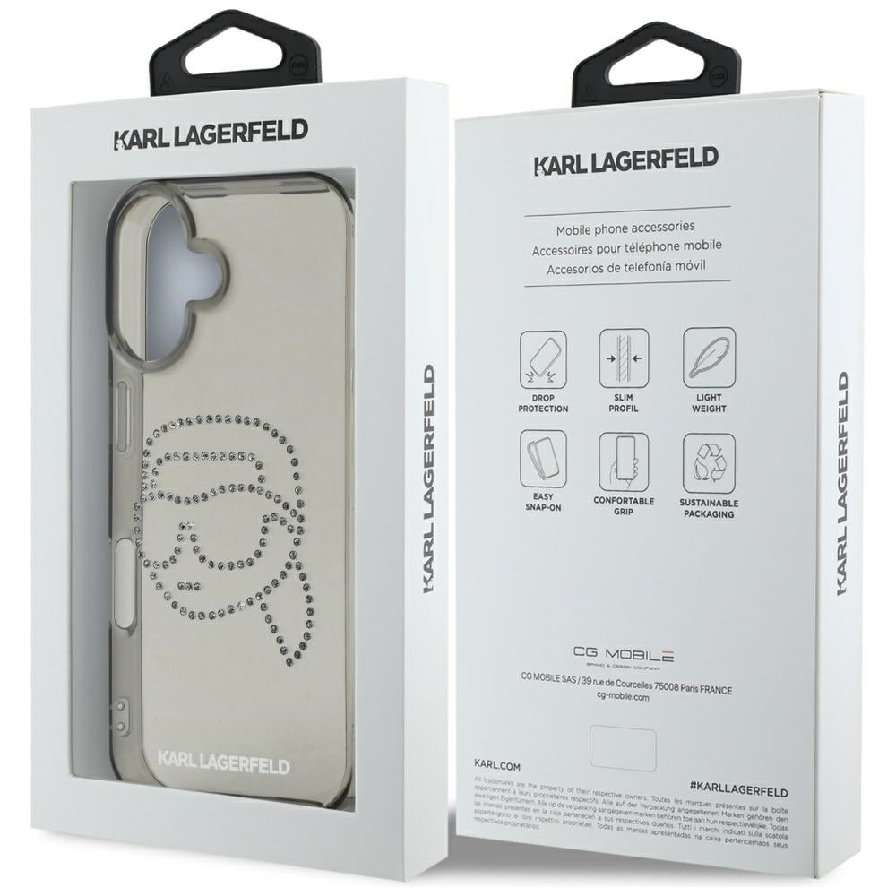 Capa para Apple iPhone 16, Karl Lagerfeld, IML Rhinestones Karl's Head, Preta
