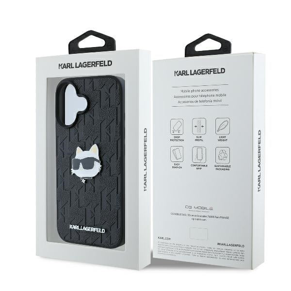 Capa para Apple iPhone 16, Karl Lagerfeld, Monograma Cabeça de Choupette, Preta