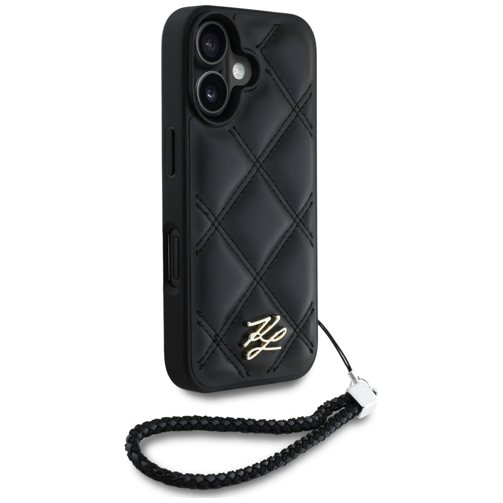 Capa para Apple iPhone 16, Karl Lagerfeld, Quilted Initial Logo & Chain Strap, Preta.