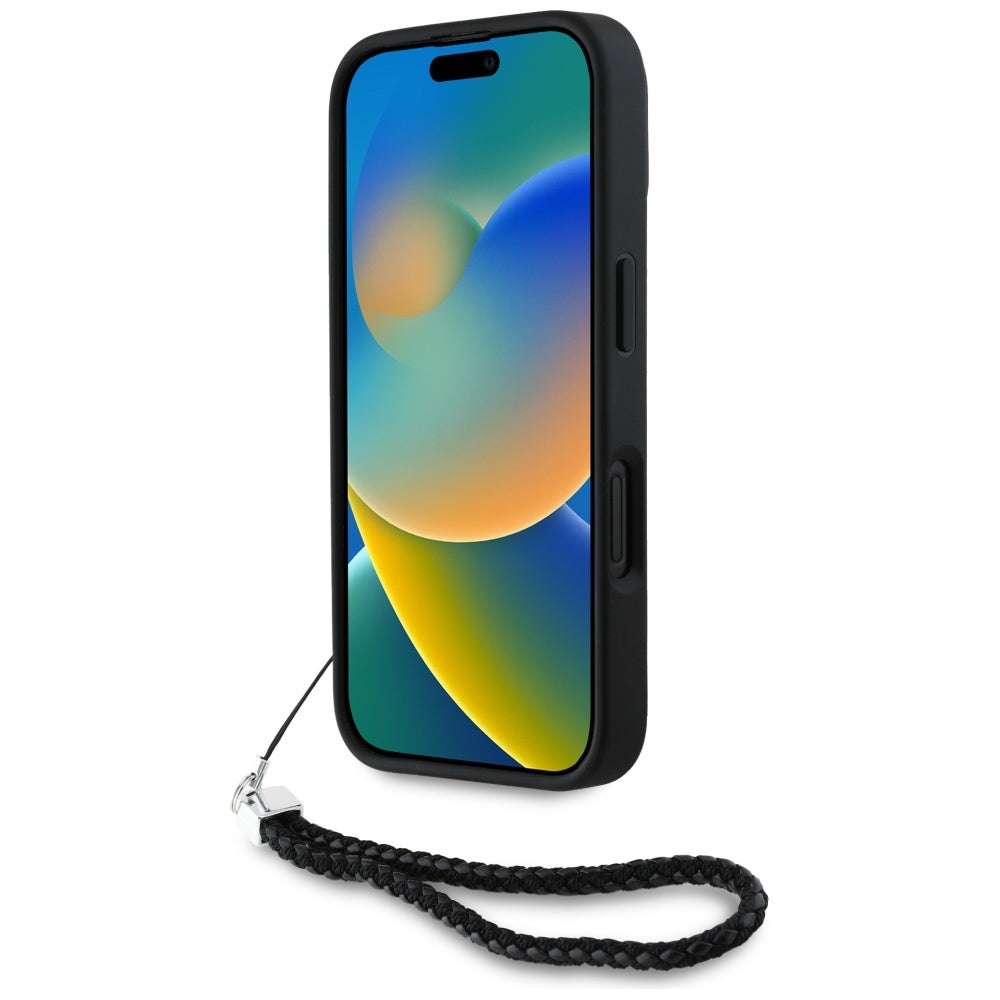 Capa para Apple iPhone 16, Karl Lagerfeld, Quilted Initial Logo & Chain Strap, Preta.