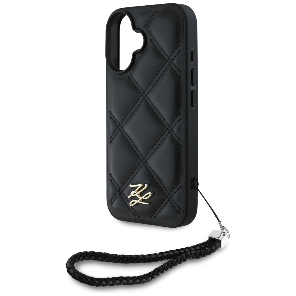 Capa para Apple iPhone 16, Karl Lagerfeld, Quilted Initial Logo & Chain Strap, Preta.