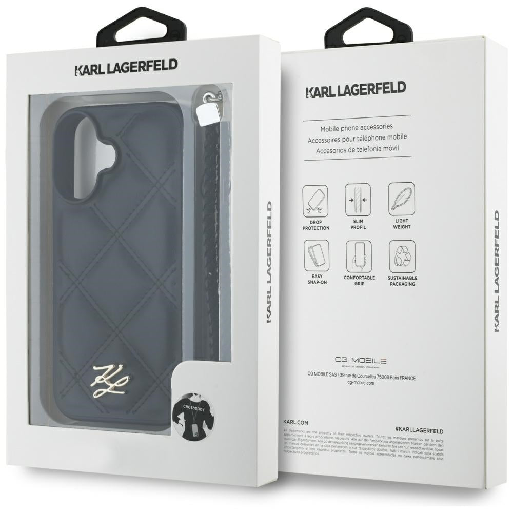 Capa para Apple iPhone 16, Karl Lagerfeld, Quilted Initial Logo & Chain Strap, Preta.