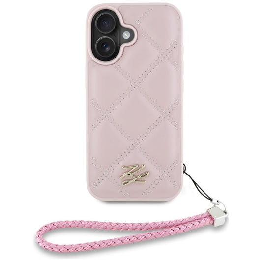 Capa para Apple iPhone 16, Karl Lagerfeld, Quilted Initial Logo & Chain Strap, Rosa