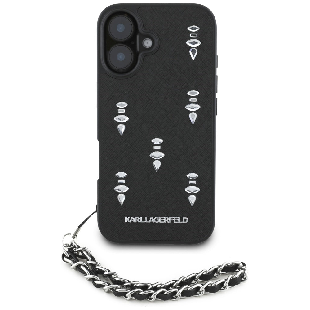Capa para Apple iPhone 16, Karl Lagerfeld, Saffiano Crystals & Charm, Preta