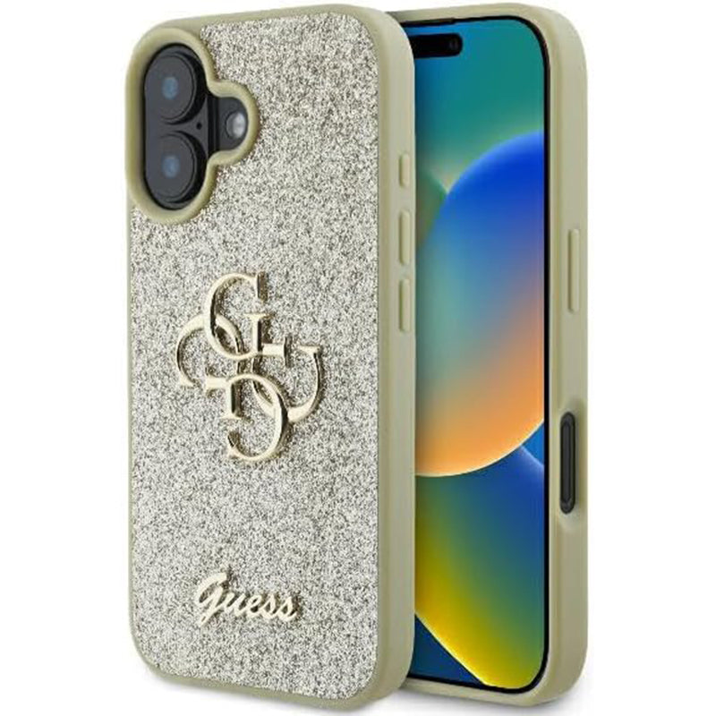 Capa para Apple iPhone 16 Plus, Guess, Fixed Glitter Big 4G, Dourada
