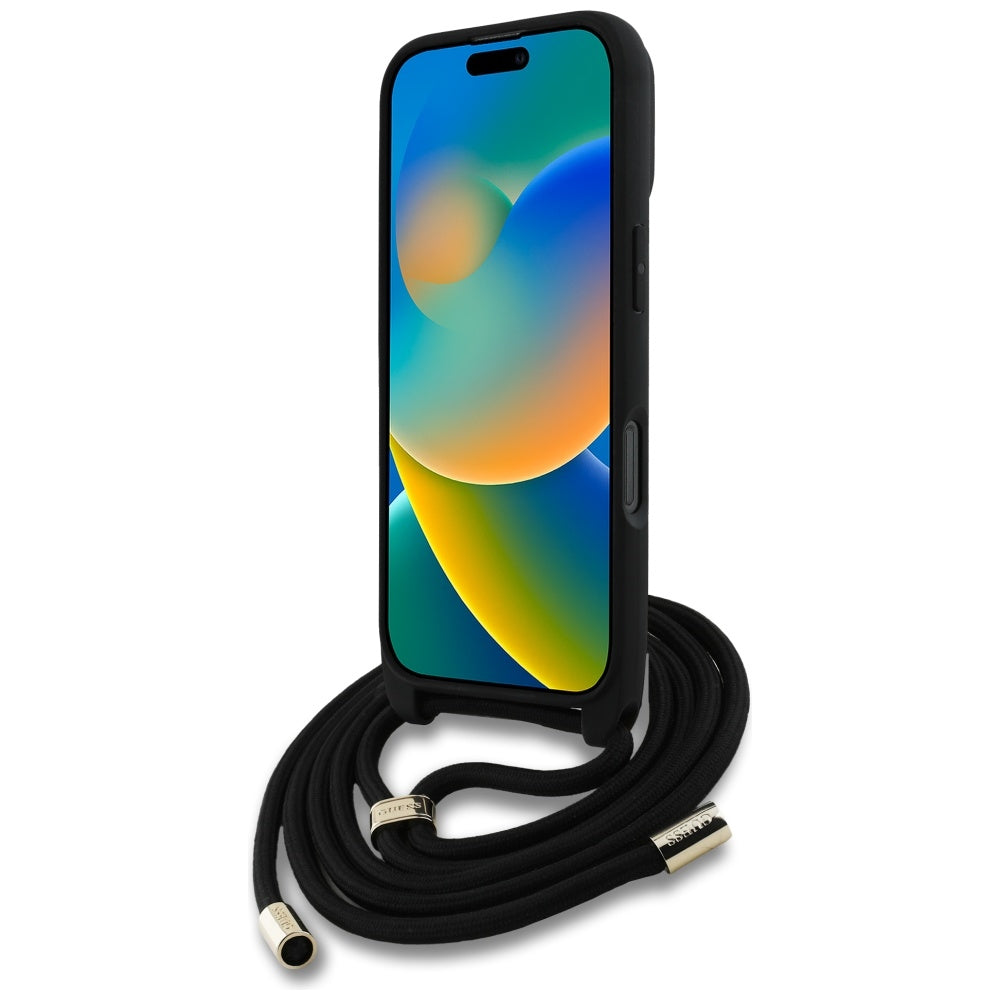 Capa para Apple iPhone 16 Pro, Guess, 4G CBDY Big Logo com Alça de Cordão, Preta