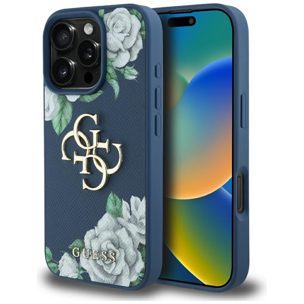 Capa para Apple iPhone 16 Pro, Guess, 4G Grained Roses Big Logo, Azul