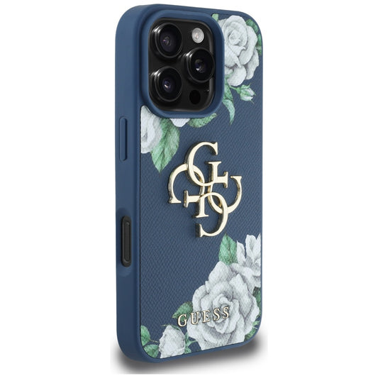 Capa para Apple iPhone 16 Pro, Guess, 4G Grained Roses Big Logo, Azul