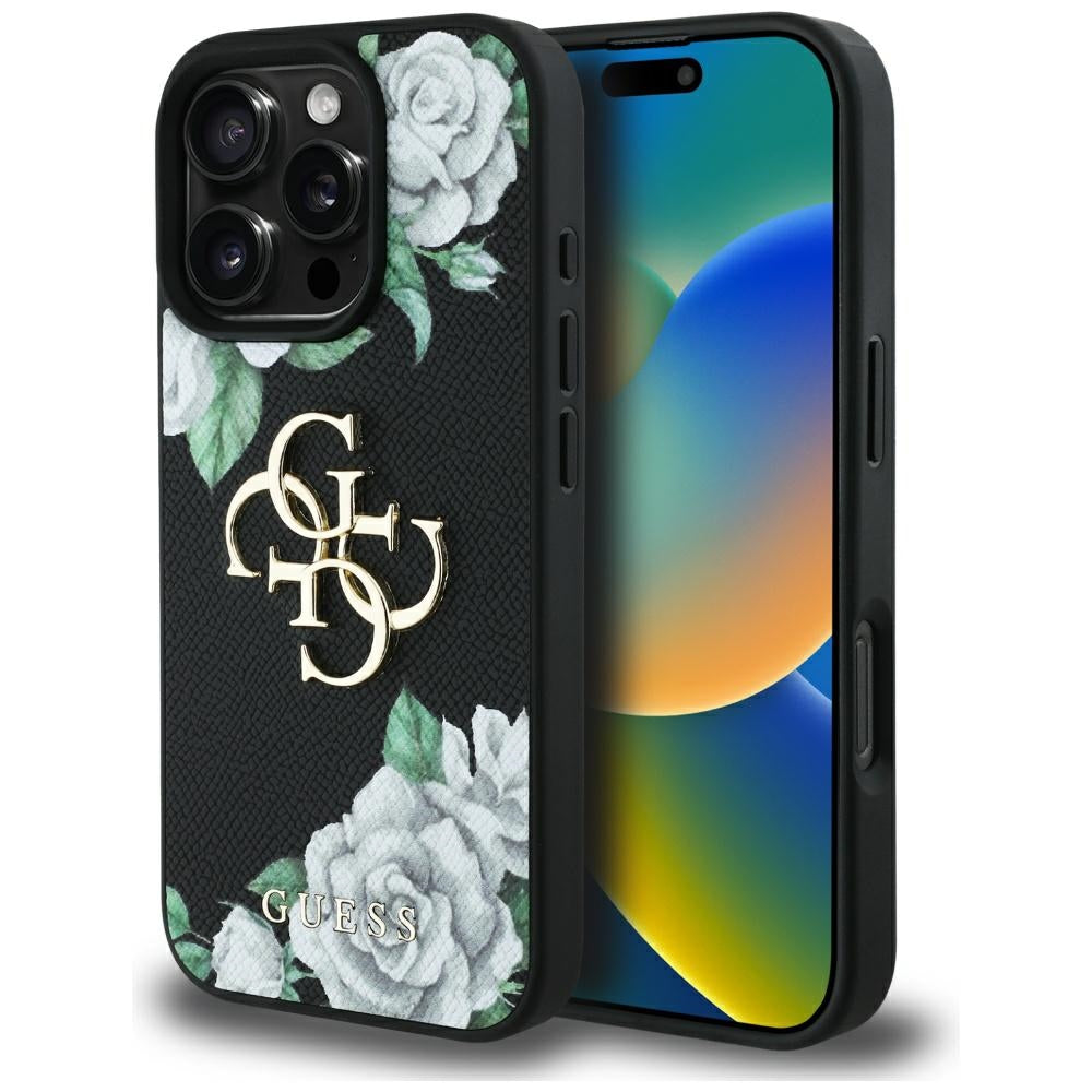 Capa para Apple iPhone 16 Pro, Guess, 4G Grained Roses Big Logo, Preta.