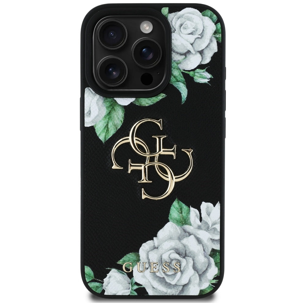 Capa para Apple iPhone 16 Pro, Guess, 4G Grained Roses Big Logo, Preta.