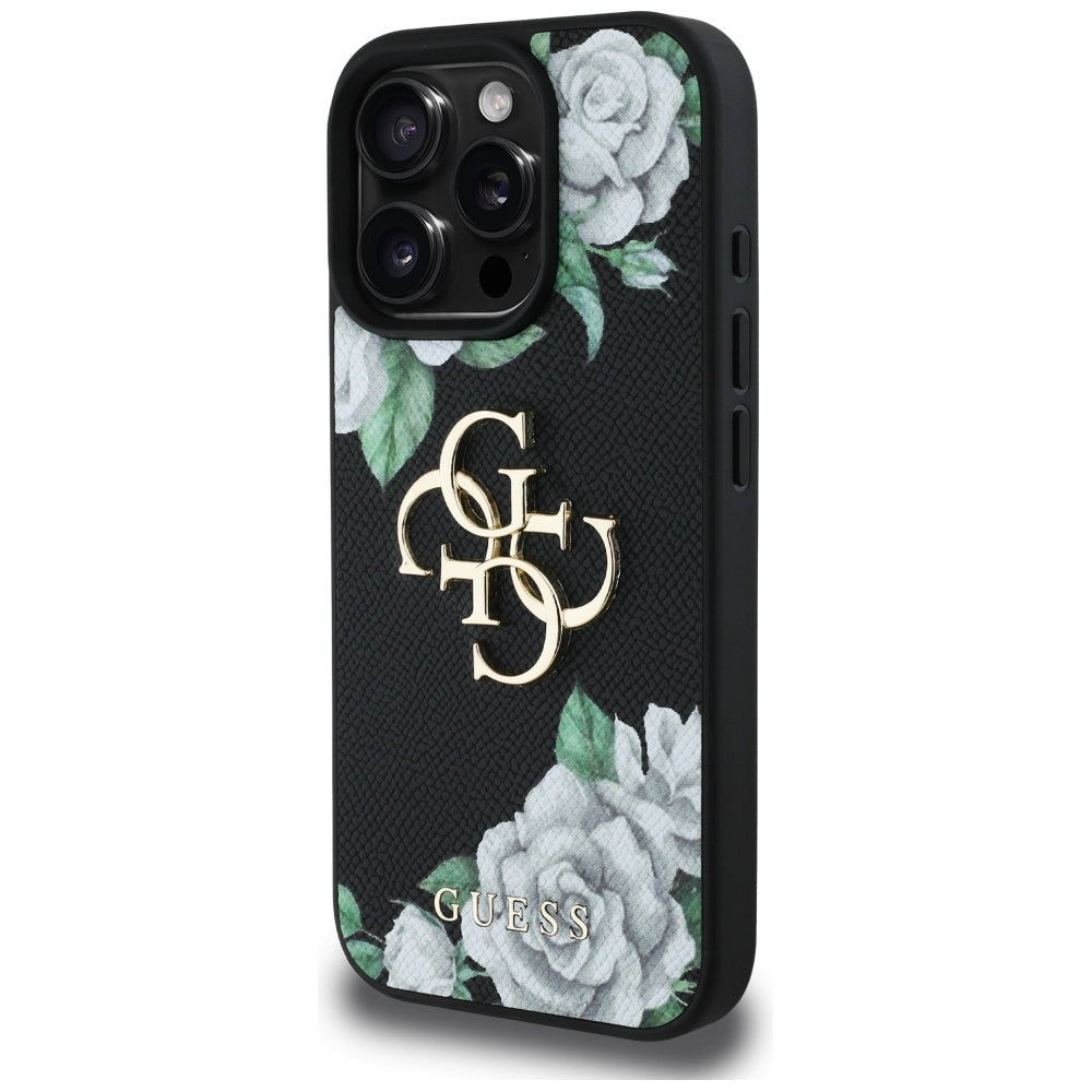 Capa para Apple iPhone 16 Pro, Guess, 4G Grained Roses Big Logo, Preta.