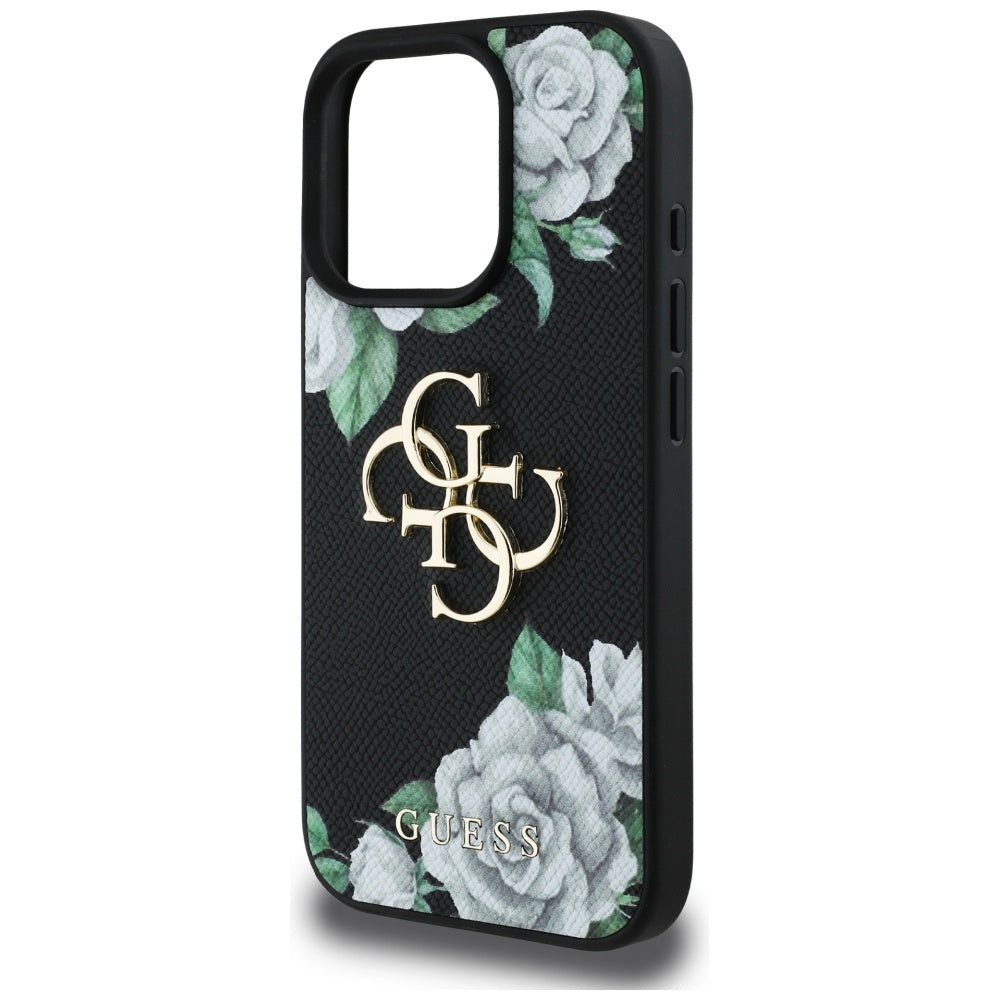 Capa para Apple iPhone 16 Pro, Guess, 4G Grained Roses Big Logo, Preta.