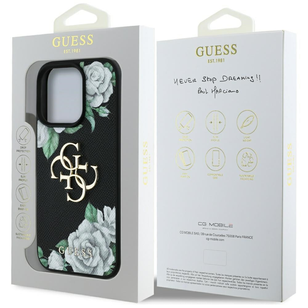 Capa para Apple iPhone 16 Pro, Guess, 4G Grained Roses Big Logo, Preta.