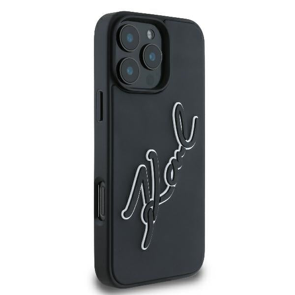 Capa para Apple iPhone 16 Pro, Karl Lagerfeld, Assinatura de Borracha 3D, Preta