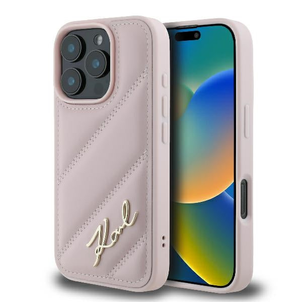 Capa para Apple iPhone 16 Pro, Karl Lagerfeld, Diagonal Quilted Script, Rosa