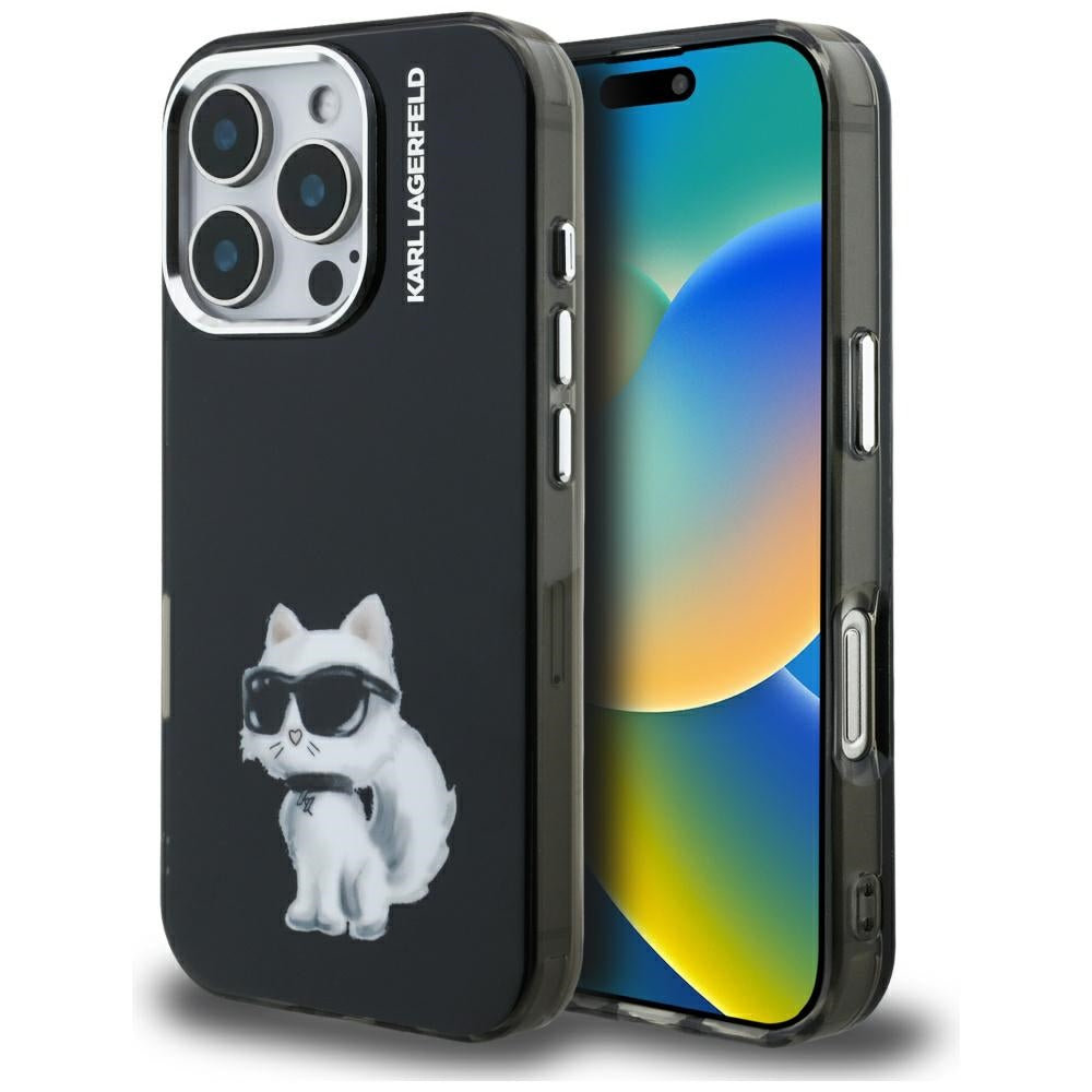 Capa para Apple iPhone 16 Pro, Karl Lagerfeld, IML Aquarelle Logo Choupette, Preta