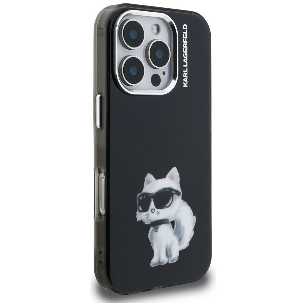Capa para Apple iPhone 16 Pro, Karl Lagerfeld, IML Aquarelle Logo Choupette, Preta