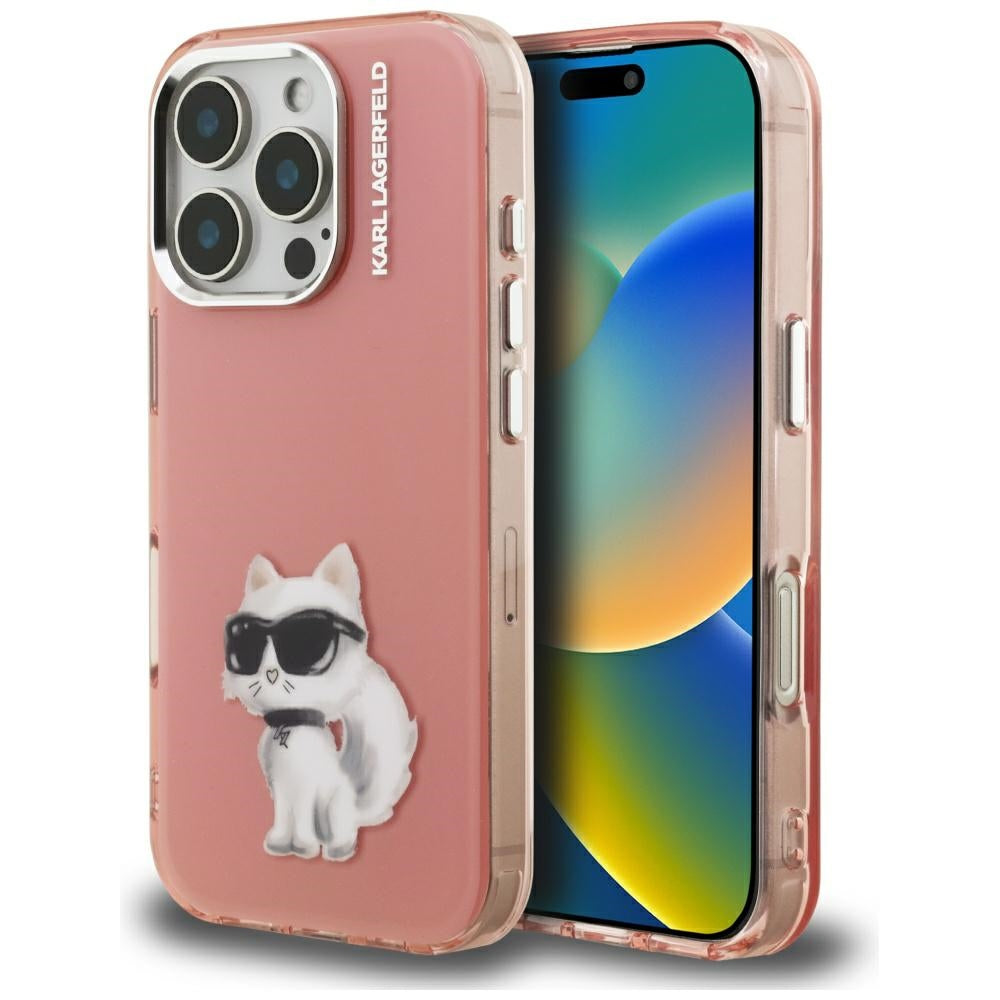 Capa para Apple iPhone 16 Pro, Karl Lagerfeld, IML Aquarelle Logo Choupette, Rosa