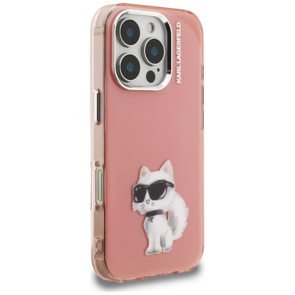 Capa para Apple iPhone 16 Pro, Karl Lagerfeld, IML Aquarelle Logo Choupette, Rosa