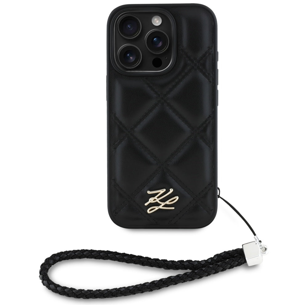 Case for Apple iPhone 16 Pro, Karl Lagerfeld, Quilted Initial Logo & Chain Strap, Black