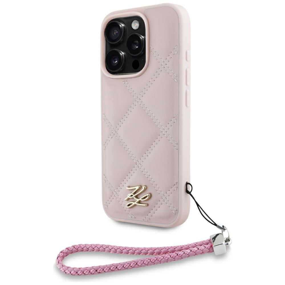 Capa para Apple iPhone 16 Pro, Karl Lagerfeld, Quilted Initial Logo & Chain Strap, Rosa