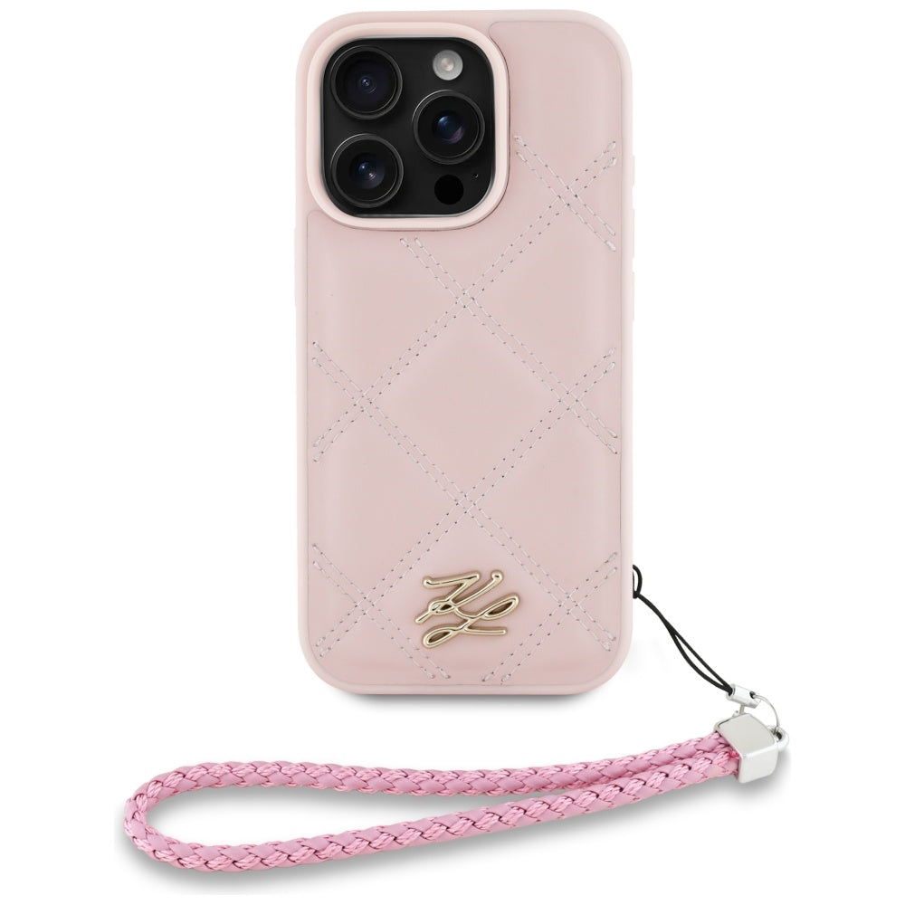 Capa para Apple iPhone 16 Pro, Karl Lagerfeld, Quilted Initial Logo & Chain Strap, Rosa