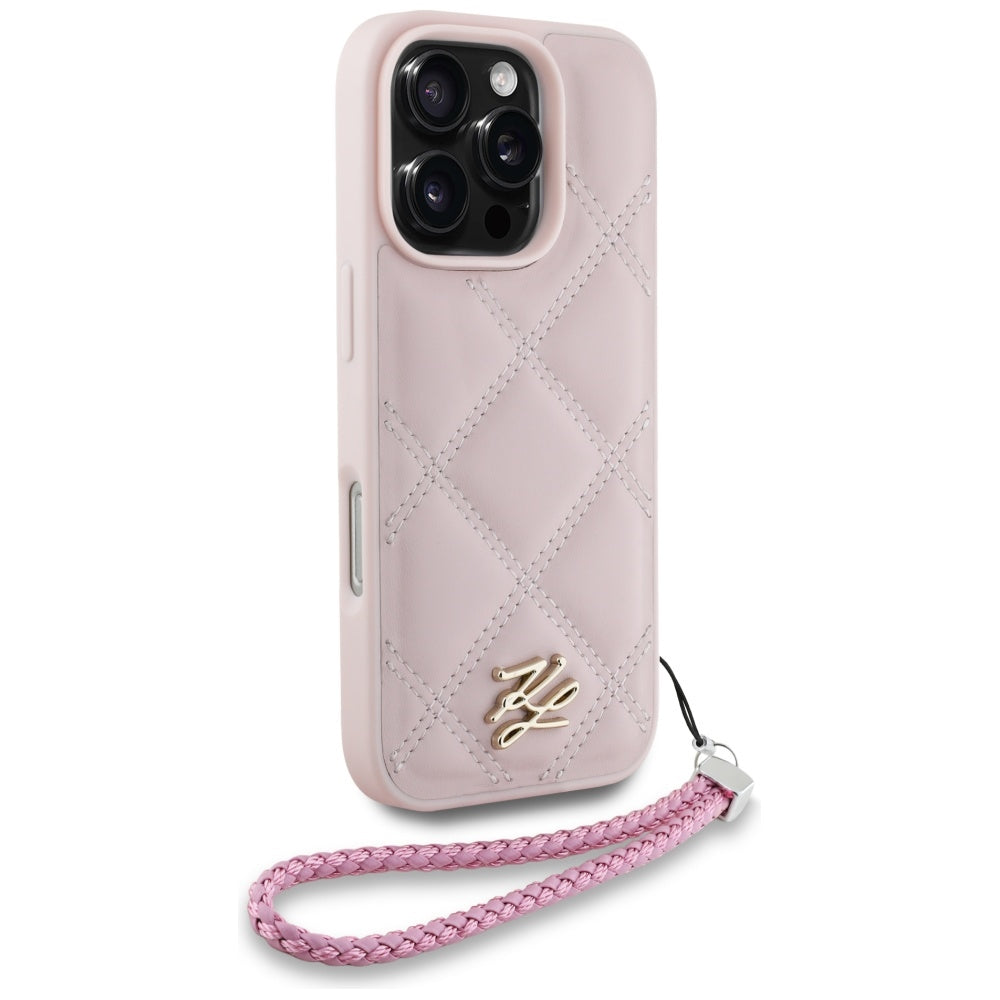 Capa para Apple iPhone 16 Pro, Karl Lagerfeld, Quilted Initial Logo & Chain Strap, Rosa