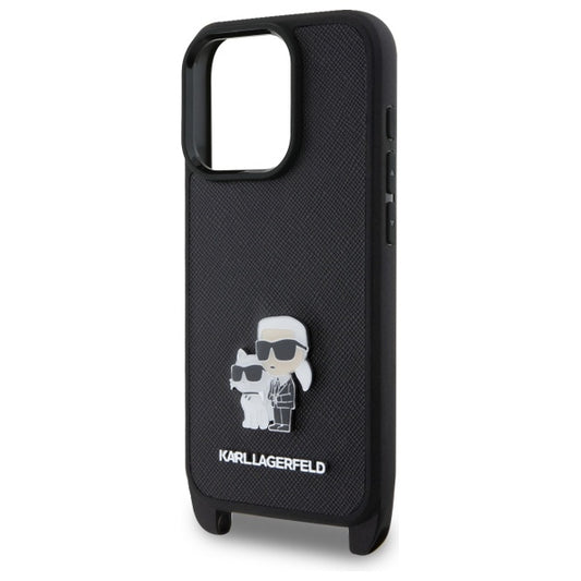 Capa para Apple iPhone 16 Pro, Karl Lagerfeld, Saffiano Crossbody Metal Pin Karl & Choupette, Preta.