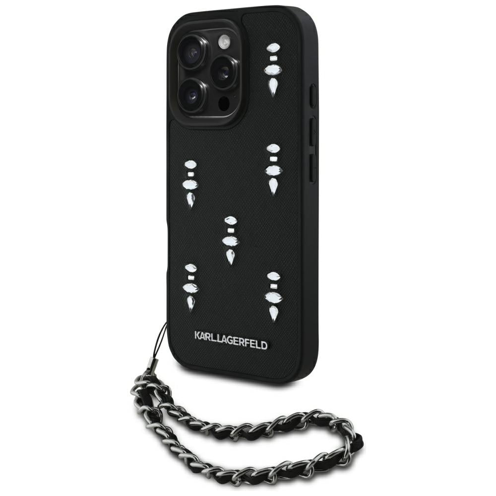 Capa para Apple iPhone 16 Pro, Karl Lagerfeld, Saffiano Crystals & Charm, Preta
