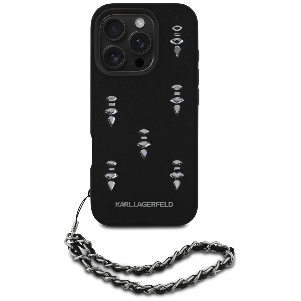 Capa para Apple iPhone 16 Pro, Karl Lagerfeld, Saffiano Crystals & Charm, Preta