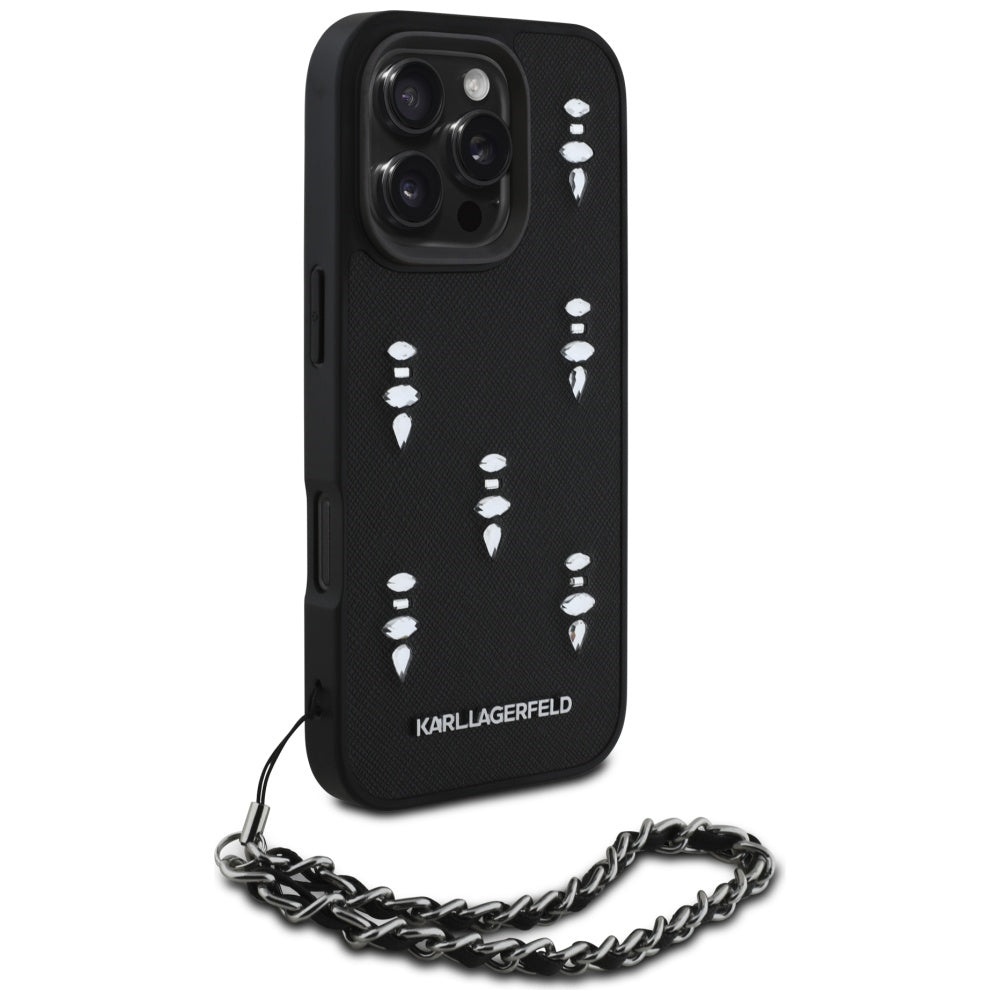 Capa para Apple iPhone 16 Pro, Karl Lagerfeld, Saffiano Crystals & Charm, Preta