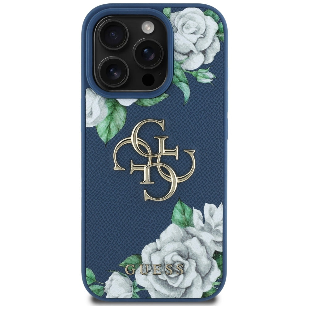 Capa para Apple iPhone 16 Pro Max, Guess, 4G Grained Roses Big Logo, Azul