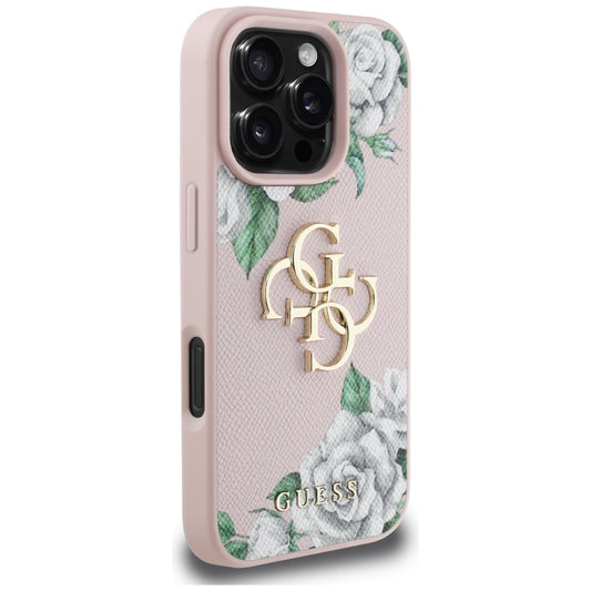 Capa para Apple iPhone 16 Pro Max, Guess, 4G Grained Roses Big Logo, Rosa