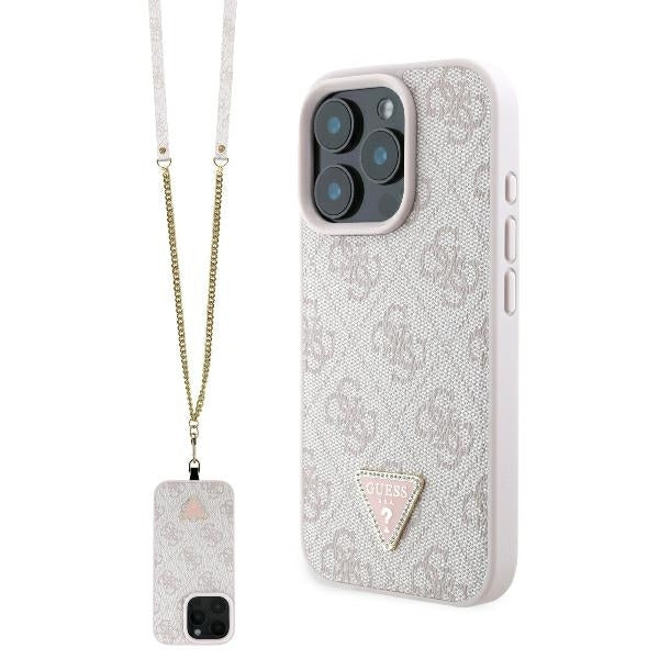 Capa para Apple iPhone 16 Pro Max, Guess, Crossbody 4G Triangle Strass, Rosa