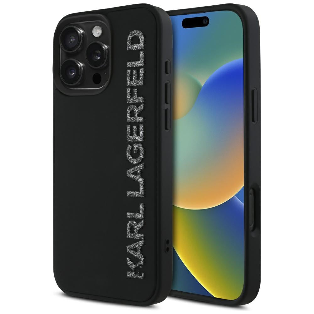 Capa para Apple iPhone 16 Pro Max, Karl Lagerfeld, Logo Alongado de Borracha 3D Glitter, Preta