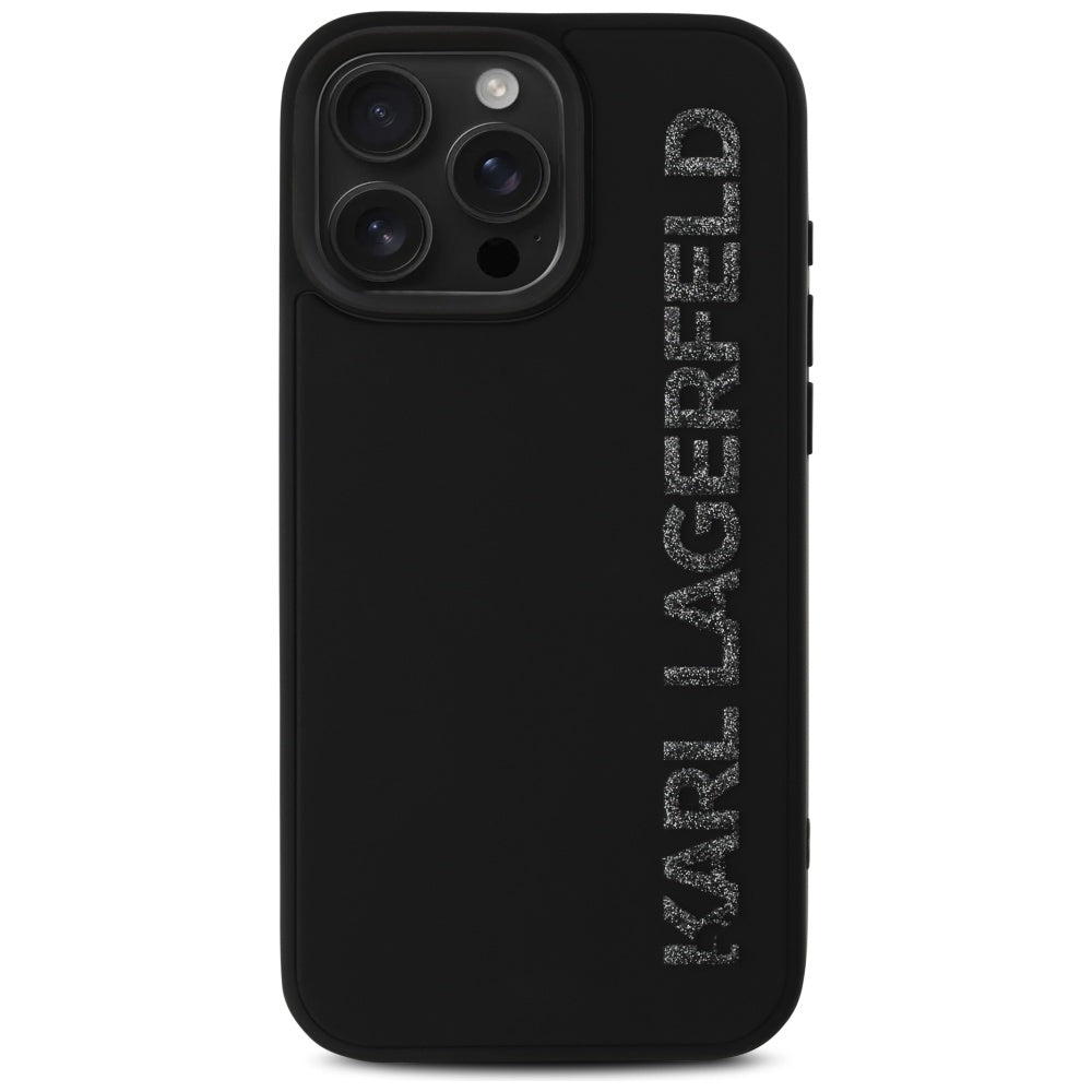 Capa para Apple iPhone 16 Pro Max, Karl Lagerfeld, Logo Alongado de Borracha 3D Glitter, Preta