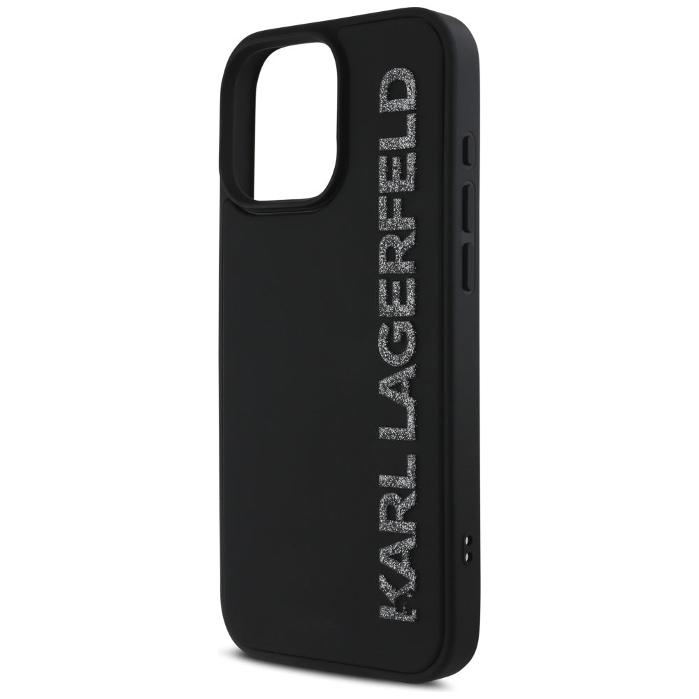 Capa para Apple iPhone 16 Pro Max, Karl Lagerfeld, Logo Alongado de Borracha 3D Glitter, Preta