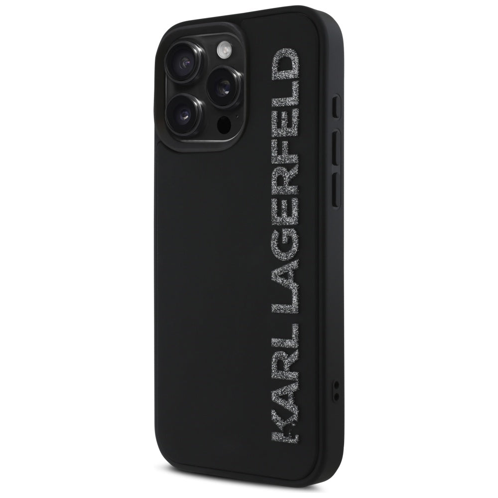 Capa para Apple iPhone 16 Pro Max, Karl Lagerfeld, Logo Alongado de Borracha 3D Glitter, Preta