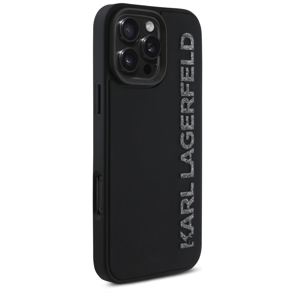 Capa para Apple iPhone 16 Pro Max, Karl Lagerfeld, Logo Alongado de Borracha 3D Glitter, Preta