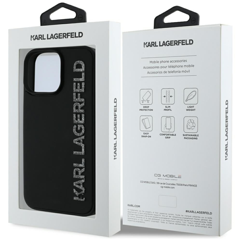 Capa para Apple iPhone 16 Pro Max, Karl Lagerfeld, Logo Alongado de Borracha 3D Glitter, Preta