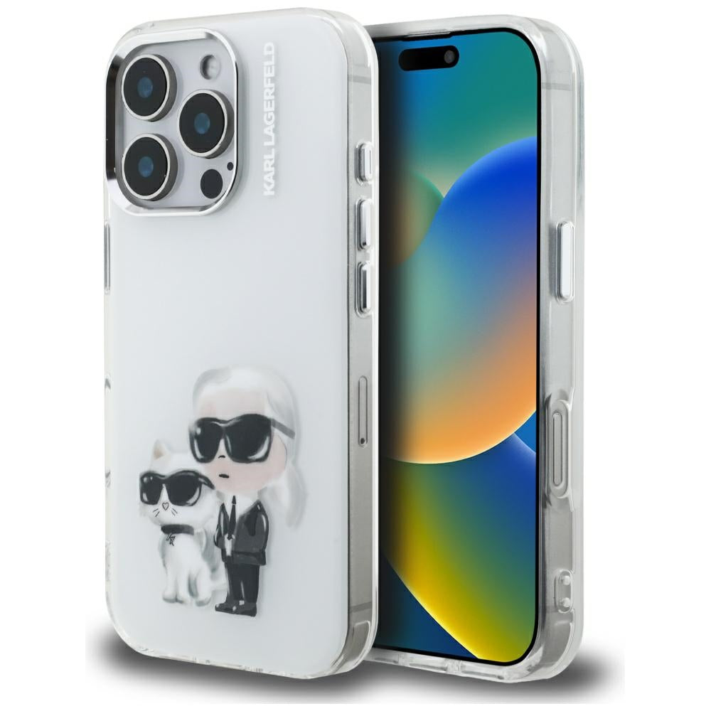 Capa para Apple iPhone 16 Pro Max, Karl Lagerfeld, IML Aquarelle Logo Karl & Choupette, Branca