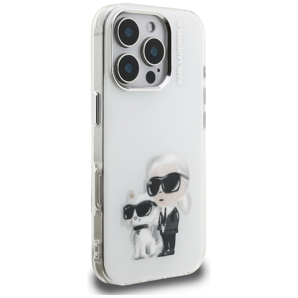 Capa para Apple iPhone 16 Pro Max, Karl Lagerfeld, IML Aquarelle Logo Karl & Choupette, Branca