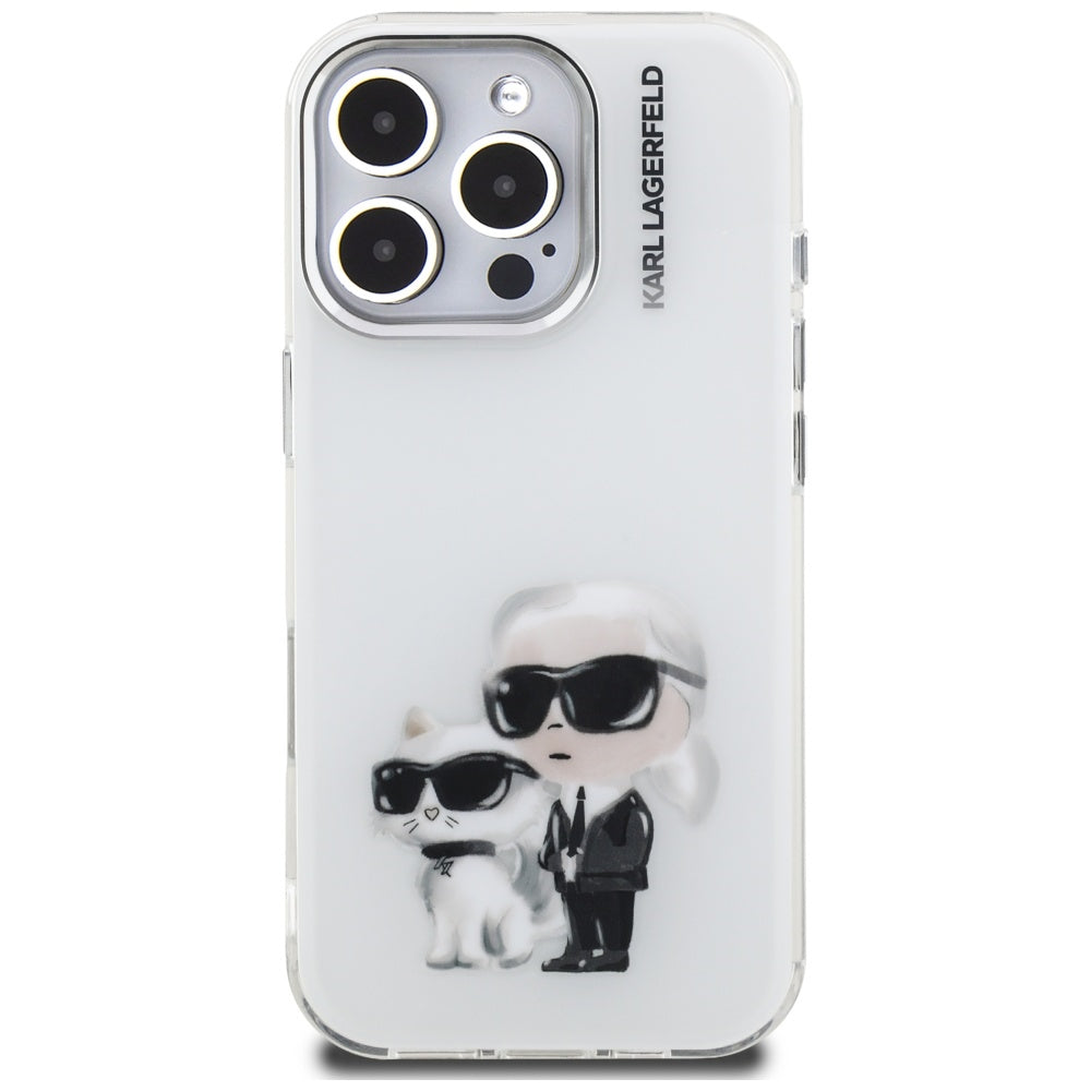 Capa para Apple iPhone 16 Pro Max, Karl Lagerfeld, IML Aquarelle Logo Karl & Choupette, Branca