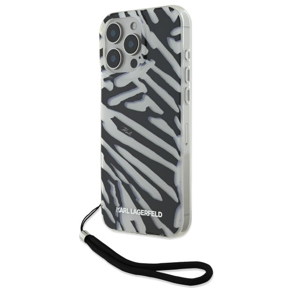 Capa para Apple iPhone 16 Pro Max, Karl Lagerfeld, Padrão Zebra de Luxo IML com Alça, Preta