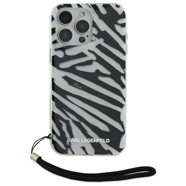 Capa para Apple iPhone 16 Pro Max, Karl Lagerfeld, Padrão Zebra de Luxo IML com Alça, Preta
