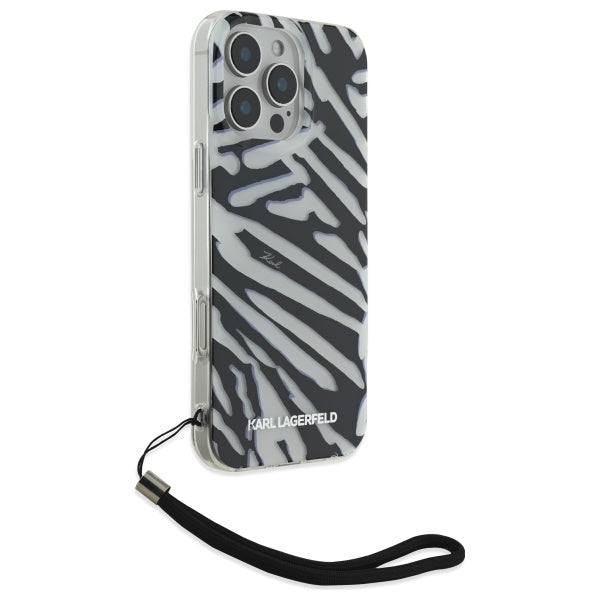 Capa para Apple iPhone 16 Pro Max, Karl Lagerfeld, Padrão Zebra de Luxo IML com Alça, Preta