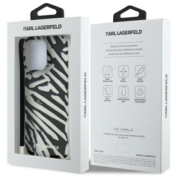 Capa para Apple iPhone 16 Pro Max, Karl Lagerfeld, Padrão Zebra de Luxo IML com Alça, Preta